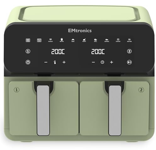 EMtronics 8L Dual Zone Air Fryer 2500W Family Size, 8 Preset Cooking Mode, Match Cook & Smart Finish Functions, 8 Litre - Sage Green