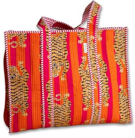 IBOAH Grand Sac Cabas Matelassé Coton Imprimé Tigres, Plage (Orange)