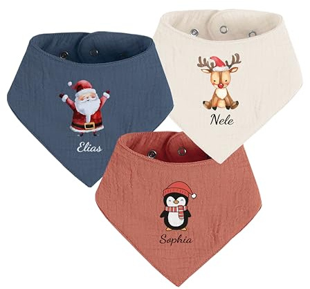 Weihnachten Personalisiertes Halstuch Dreieckstuch aus Musselin Gaze 100% Baumwolle für Babies und Kleinkinder in 2 Grössen erhältlich, mit Name, aus OekoTex zertifiziertem Druckmaterial