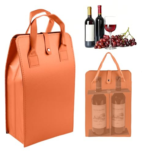 Bolsas Regalo, Bolsas De Tela Regalos Navidad para 2 Botellas de Vino, Bolsa Regalo de Piel PU Reutilizable con Asa Cómoda, Elegante Embalaje para Empresas y Regalos Personales, Naranja 35x22x9.5cm