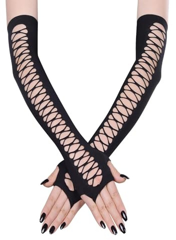 Netzhandschuhe Schwarz Damen, Netzhandschuhe für Damen, Lange Schwarze Fingerlose Handschuhe, Fischnetz Handschuhe Halloween, Elastic Gloves, Kostümzubehör, für Halloween und Karneval(E)