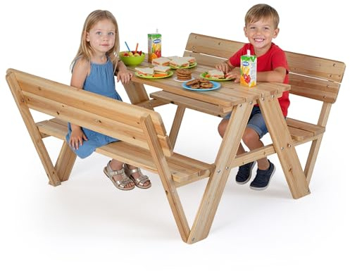 COSTWAY Tavolo da Picnic per Bambini, Set di Tavolo e Sedie in Legno per Attività all'Aperto con 2 Panche Integrate, Mobili per Bambini 3+ Anni per Cortile, Patio e Giardino