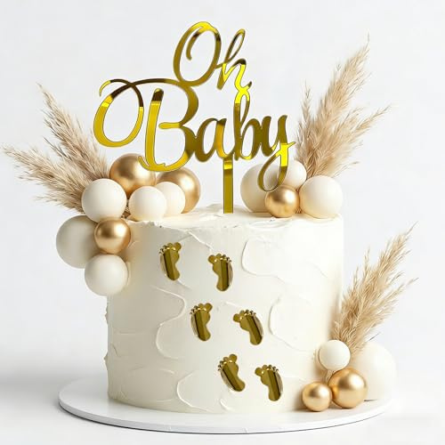 Oh Baby Cake Topper 7PCS Acrylic Gold Baby Shower Decorations with 6 Footprints for Gender Reveal Christening Party