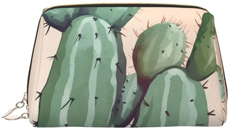 PU Leather Makeup Bag Travel Cosmetic Bags Waterproof Large Capacity Toiletry Organizer with Zipper, Cute Portable Pouch Watercolor Green Cactus Toiletry Bag Make Up Bag for Women