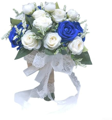 Elegante bouquet da sposa con rose artificiali e nastro di pizzo, per rose color champagne, composizione floreale bianca da sposa, per sposa o (blu)