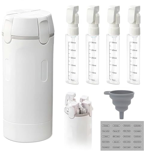 BRTNUP Dispensador de botellas de viaje 4 en 1, botellas dispensadoras de viaje recargables con escala y etiqueta, recipientes portátiles a prueba de fugas para champú, loción, acondicionador, crema