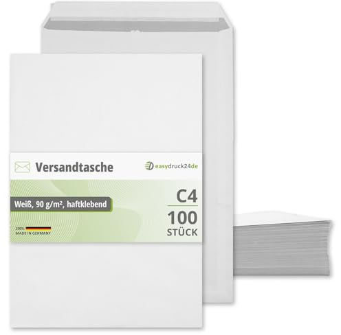 easydruck24de C4-kuvert 100 stycken – fraktpåsar självhäftande med täckremsor I 22,9 x 32,4 cm I 90 g/m² vit I kuvert för DIN A4-dokument I az259