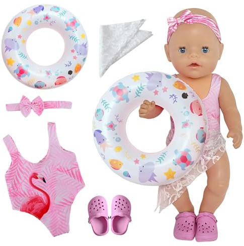 Babypuppenkeidung Badeanzug Kleidung Set für 35–43 cm große Puppen, Babypuppen-Badeanzug mit Pony-Kleidung, Rock, Brille, Schwimmring, Hausschuhen, Rosa/Lila Puppenkleidung 2