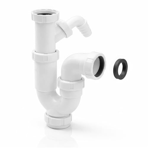 Sifon Curvo Extensible para Fregadero con Toma Lavadora y Lavavajillas de 20 mm con Racor 1 1/2 y Salida 40 mm con Reduccion 32 mm Ajustable 27 5 a 33 cm Antiolor Antifugas Polipropileno FLUVIA