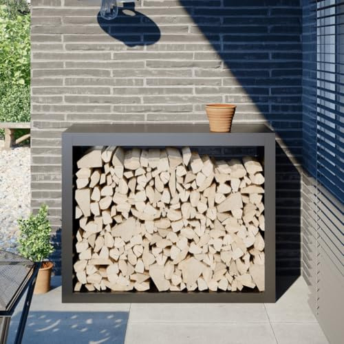 Scaffale per legna da ardere, colore antracite, in acciaio, 100 x 40 x 80 cm, scaffale per legna da ardere per soggiorno e giardino, compatto e salvaspazio, conservazione in legno moderno e robusto
