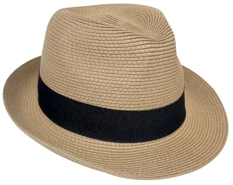 Wildarms Sombrero Fedora de Paja para Mujer Estilo Panamá, Sombrero de Verano con Banda Negra, Ligero, Transpirable y Elegante