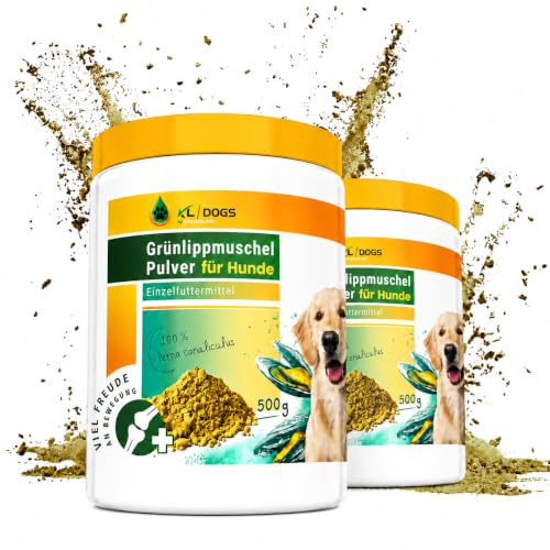 Kräuterland Neuseeländische Grünlippmuschelpulver 2x500g für Hund & Pferd | 100% Perna Canaliculus, ohne Zusätze, unterstützt die Hüft- & Gelenkfunktion, mit Messlöffel, Täglich unters Futter mischen