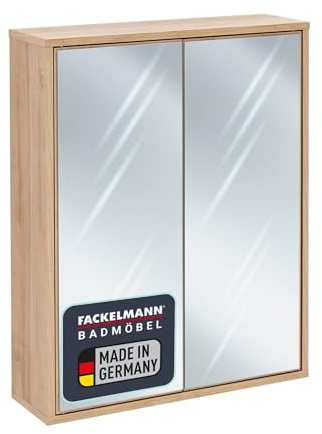 FACKELMANN Finn Spiegelschrank 60 cm in Braun Hell, Retrostil mit Push-to-Open Technik, Holzoptik, Made in Germany