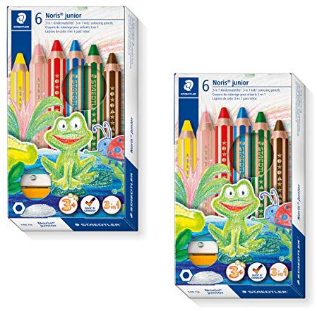 Staedtler 140 C6 2 3in1 Buntstift Noris junior (Bunt-, Wachsmal- und Aquarellstift, extra bruchsicher, ideal für Kinder, für viele Oberflächen, Kartonetui mit 6 Farben inkl. Spitzer, Doppelpack)