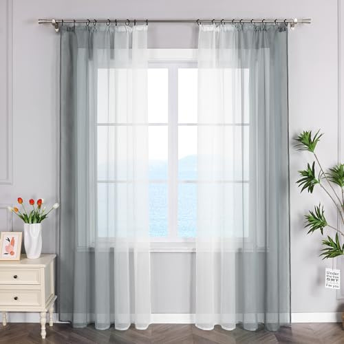 ESLIR Gardinen mit Kräuselband Vorhänge Gardinenschals Transparent Stores Gardinen Farbverlauf Voile Grau BxH 140x225cm 2 Stück