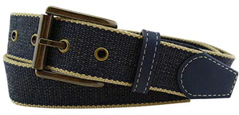 TigerTie hochwertiger Stoffgürtel mit Edelstahl Schnalle und echt Leder Applikationen in dunkelblau marine beige gemustert. Gürtelbreite 35 mm, Bundweite 90 cm