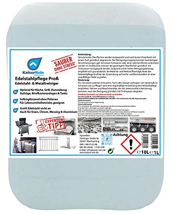 KaiserRein Profi Edelstahl-pflege 10 L Edelstahlreiniger Metallreiniger Spray für die Pflege/Reinigung von Tanks, Flächen und Geräten aus Eisen, Chrom, Messing und Aluminium