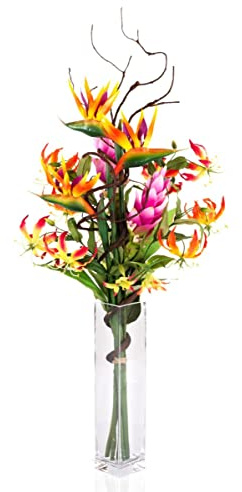 artplants.de Kunst Paradiesstrauß SALOA Strelitzie Gloriosa orange, 95cm, Ø40cm - OHNE VASE - Künstlicher Blumenstrauß
