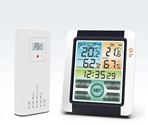 Ailgely Trådlös väderstation med utomhussensorer, digital väderstation, digital termometer-hygrometer för inomhus och utomhus, färgglad LCD-pekskärm