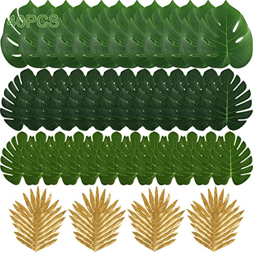 KDUH Feuille Palmier Décoration Jungle Artificielle 40 Pcs Feuilles Palmier Dorées Extérieure, Comprend 4 Morceaux