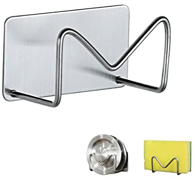FuninCrea Schwammhalter, Wasserdichter Küchenspülen Halter Selbstklebender langlebiger Schwammhaken aus Edelstahl Küchenzubehör für Schwammabfluss und Küchenaufbewahrung (Silber)