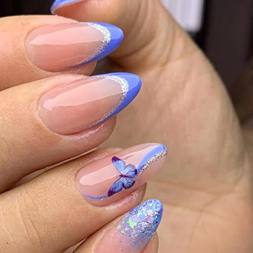 24 Stück Mandel Nägel Zum Aufkleben Kurz, Lila Schmetterling French Falsche Nägel, Oval Glänzend Künstliche Nägel mit Nagelkleber Aufkleber Acryl Fingernägel Fake Nails für Frauen