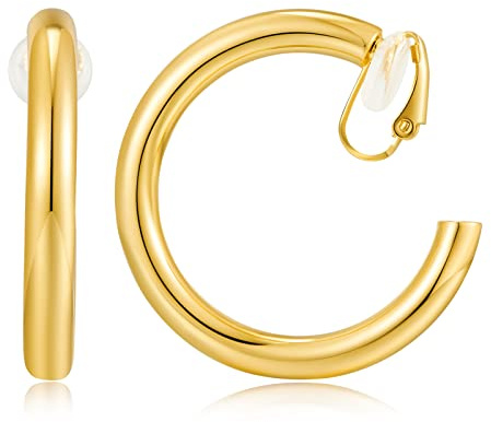 WOWORAMA Pendientes de aro con clip dorado para mujer – Pendientes de aro grandes clásicos – Pendientes minimalistas sin perforar