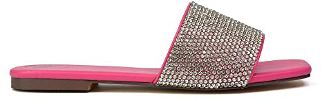 ESSEX GLAM Womens Flat Slip On Slider Ladies Sparkly Diamante Square Toe Summer Fuchsia Sandals Shoes Size 4