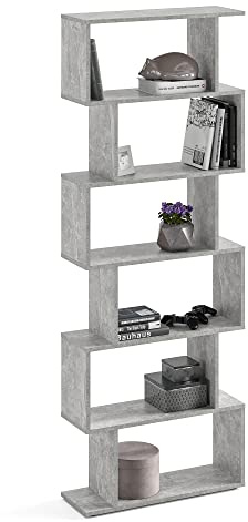 KOMTO Bücherregal Beton - Raumteiler Regal 191x70x24 cm Standregal Holz und Hoch mit 6 Ebenen S-Förmiges Modern Hochregal Aktenregal Büroregal