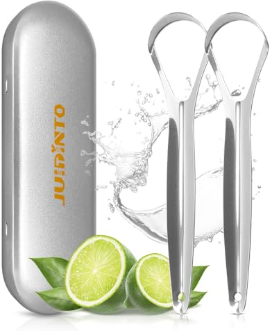 JUIDINTO Tongue Scraper, Clean Tongue Excess Debris and Reduce Bad Breath, Premium Tongue Cleaner for Adults Easy to Scrape Tongue, 2pcs Tongue Scraper with Case Ideal for Travels, Work or Home Use | Tongue Scraper with Box for Travels,Stainless Steel, Spoon-shaped Covers Your Tongue, Rust-proof Durable,Improve Your Taste