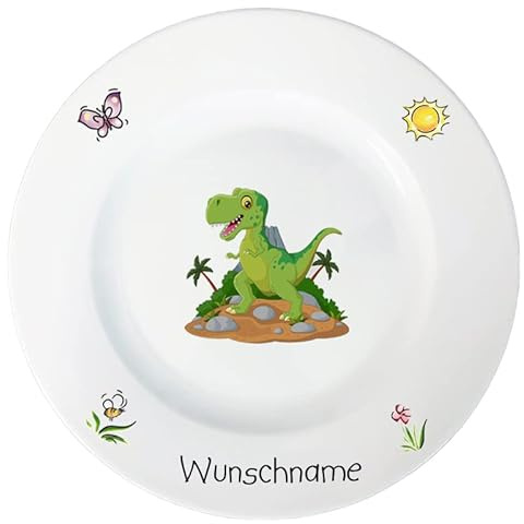 Doriantrade Speiseteller 27cm Kinderteller Teller Porzellan Dinosaurier personalisierbar mit Wunschname Name Kindergeschirr mit Namen personalisiert