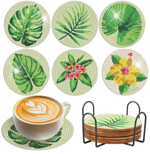 SHEGZHUC Diamond Painting Untersetzer Blätter 6 STK Diamond Painting Glasuntersetzer Tischuntersetzer Blatt Blumen Pflanze Diamant Malerei Dekorative Kunsthandwerk für Gläser Teetassen und Getränke