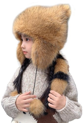 Eltern-Kind-Wintermütze aus Kunstfell, warm, Waschbärmütze mit niedlichem Schwanz, Trappermütze, winddicht, mit Ohrklappen, Ski-Hut, Snowboard, Tierhut, weich