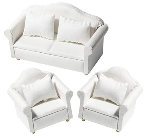 TOYANDONA 1 Satz Puppenhausmöbel Puppenhaus-wohnzimmermöbel Puppenstubensofa Mit Kissen Puppenstuben-Sofa-Modell Puppenmöbel Mini-stühle Weiß 3-teiliges Set Mikroszene Empfindlich Hölzern