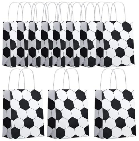 18 Stück Fußball Papier Partytüten Geschenktüten, 21 x 15 x 8 cm, Papiertüten mit Henkel, Fußball Geschenktüte, Geschenktüte mit Fußballmuster, Süßigkeitstüten,Fußball Goodie Taschen
