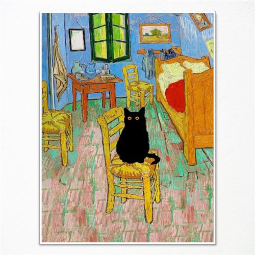 GAINOW Retro Vincent Van Gogh Leinwand Wandkunst, berühmte Drucke, Gemälde Schlafzimmer in Arles, lustige schwarze Katze Poster, Wanddekoration für Schlafzimmer 60x90cm ungerahmt