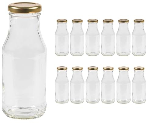 Vitrea 12 leere Glasflaschen 263ml Schraubverschluss Gold - Milchflaschen, Saftflaschen, kleine Flaschen zum Befüllen mit Deckel - für Milch, Saft, Smoothies, Öl - 12 Stück, TO43, Saft
