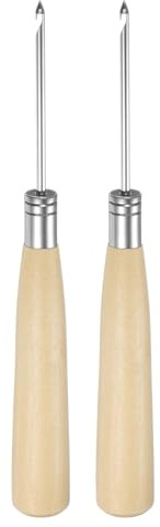 sourcing map 2pcs Handwork Sewing Awl Crochet Hook Leather Punch Hole Tool with Wooden Handle Scratch for Broken Wire Make Mark Drilling Stitching Repair and DIY Handmade, Log Color