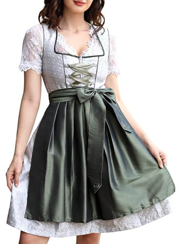 Hobrounn Dirndl Damen Midi Trachtenkleid 3tlg. Trachtenmode Kleid, Bluse, SchüRze für Oktoberfest Von Gr.34-48 (Grau, 48)