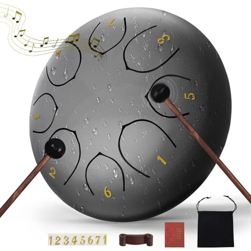 Tambor de lluvia para exterior, tambor de lengua de acero de 6 pulgadas y 8 notas para instrumento de jardín, timbre de lluvia impermeable, instrumento de mano para exteriores, con bolsa, libro de