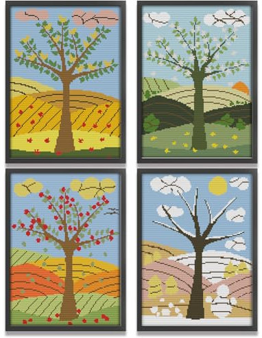 ARVALOLET 4 Stück Öko-Baumwolle Stickgarn Malerei Set, 14 CT Kreuzstich Malerei, 4 Jahreszeiten, 26x33 cm