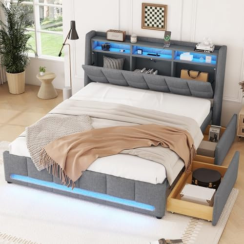 AYOROF Polsterbett 160 x 200 cm, APP-Fernbedienung LED-Licht, Bett mit Schubladen mit Steckdosen und USB, Eingebautes Staufach, Leinen, Jugendbett Funktionsbett, Ohne Matratze (Grau)