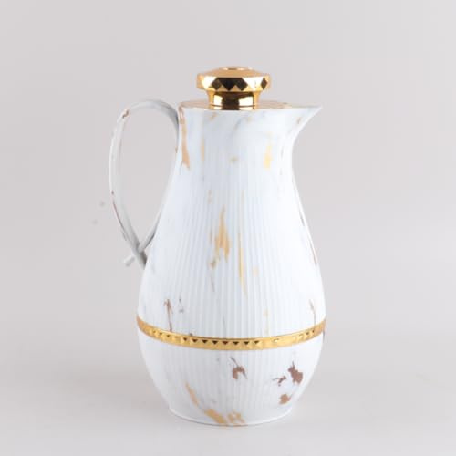 JMAHM 1L Jugs Carafe Tea Dispenser Insulating Jug Double Wall Vacuum Jug with Push Button Top (White Stripe)