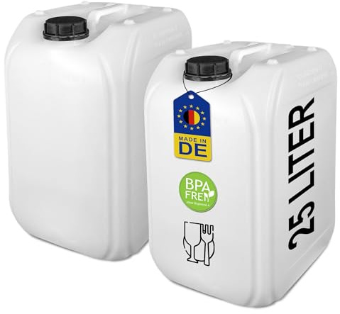 Bidón para bebidas y agua de 25 litros, DIN 61, apto para alimentos, sin BPA, aprobado por la ONU, para el hogar, gastronomía, comercio, camping, resistente y duradero (2 x 25 L)