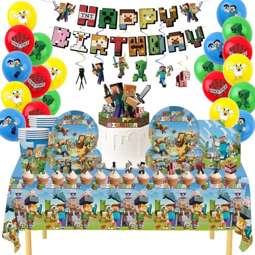 Minecraft Birthday Party Kit for Boys Kids - Complete Tableware Set with Happy Birthday Banner, Balloons, Tablecloth, Paper Plates, Cups, Napkins & Cake Toppers | Minecraft Party Decorations