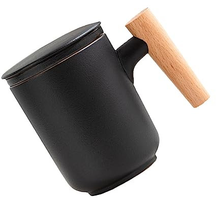PRETYZOOM Taza De Té De Cerámica Filtro Integrado y Mango De Madera, Capacidad Individual, Negro Mate, Resistente Al Calor, Adecuado Para Oficina y Uso Diario, Unidad Única