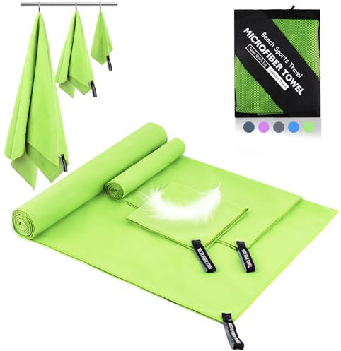 Neerow Mikrofaser Handtuch 3er Set (152x76cm Groß Badetuch + 80x40cm Klein Fitness Handtuch + 30x30cm Handtuch), Farbecht Microfaser Handtücher, Sporthandtuch Schnelltrocknendes Handtuchs (Hellgrün)