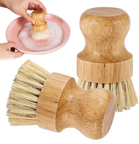 Runde Bambus-Palmenschrubber, 2 Packungen, Mini-Spülbürste, natürliche Scheuerbürste, langlebiges Schrubber, Reinigungsset für die Reinigung von Töpfen, Pfannen (Sisal, S)