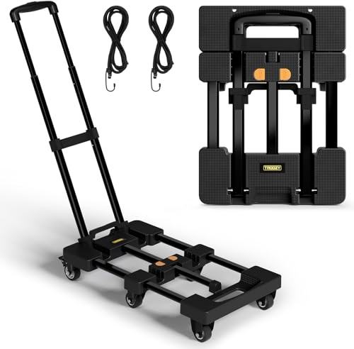 Vikbar handlastbil, kraftig dockvagn med 6 hjul, 226 kg kapacitet, 66 cm utdragbar platta, 2 elastiska remmar, hopfällbar verktygsvagn för flyttning, bagage, resor, shopping, svart