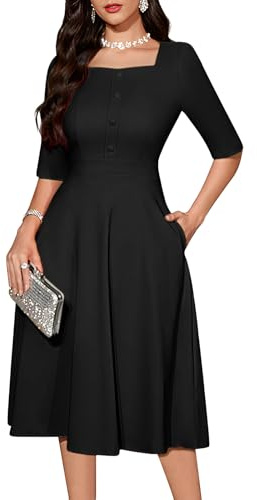 Bbonlinedress Midi cocktailklänning formell bröllopsgäst 3/4 ärm A-linje tebjudning swingfyrkantig kyrka arbetsklänning, Svart, M